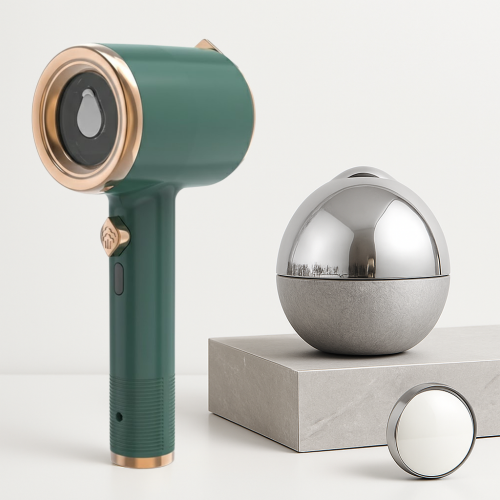 Mini plancha de vapor portátil con panel de titanio y depósito visible de 50 ml para uso en viajes.