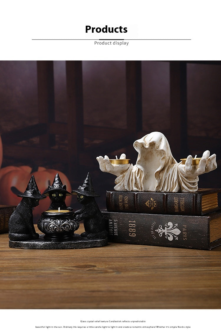 Candelabro Decorativo Gato Mágico – Adorno de Mesa en Resina para Halloween