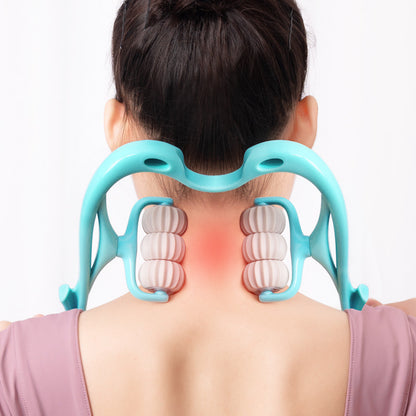 Masajeador cervical manual de 6 ruedas — Rodillo ergonómico con gua sha de jade natural