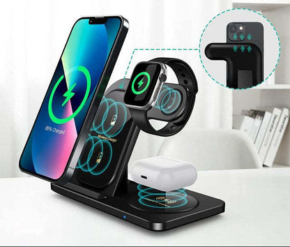 cargador inalámbrico 3 en 1 de carga rápida con doble bobina y puerto Type-C para móvil reloj y auriculares