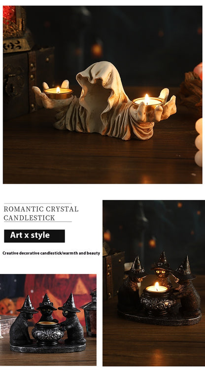 Candelabro Decorativo Gato Mágico – Adorno de Mesa en Resina para Halloween
