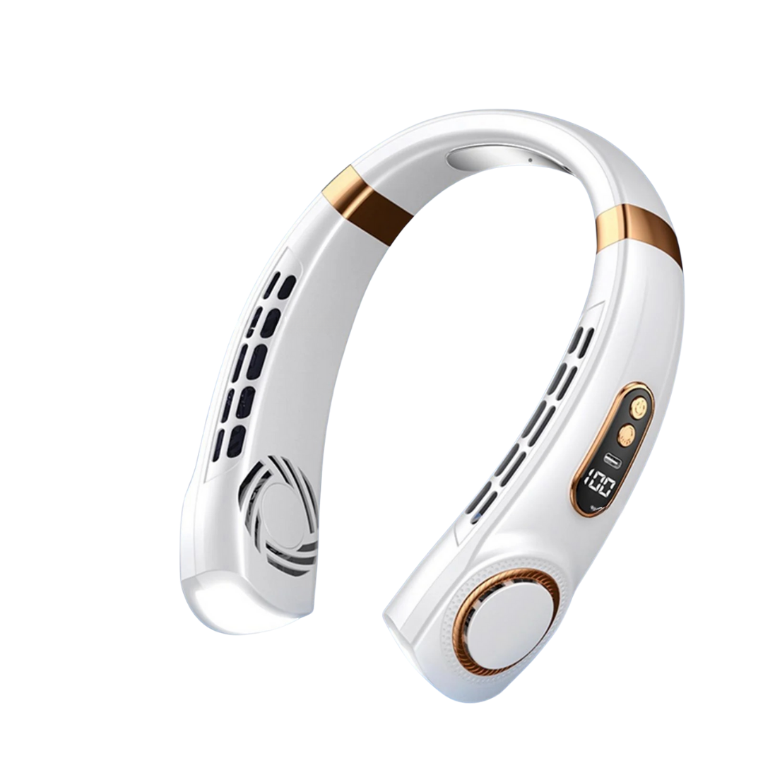 Ventilador portátil de cuello con cinco velocidades, carga USB o Tipo-C y luces LED multicolor para uso interior y exterior