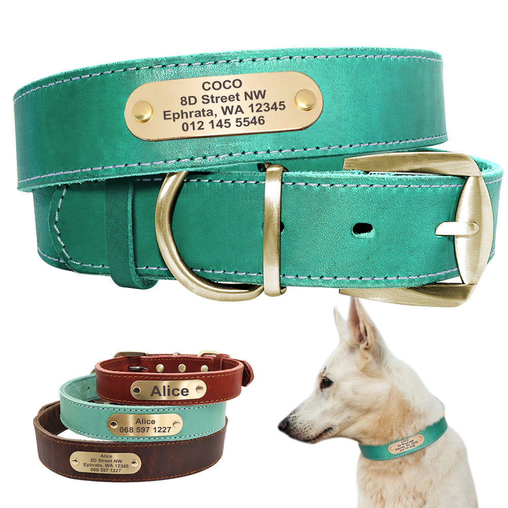 Collar de Cuero  con Placa de Identificación para mascota Dorada Personalizable