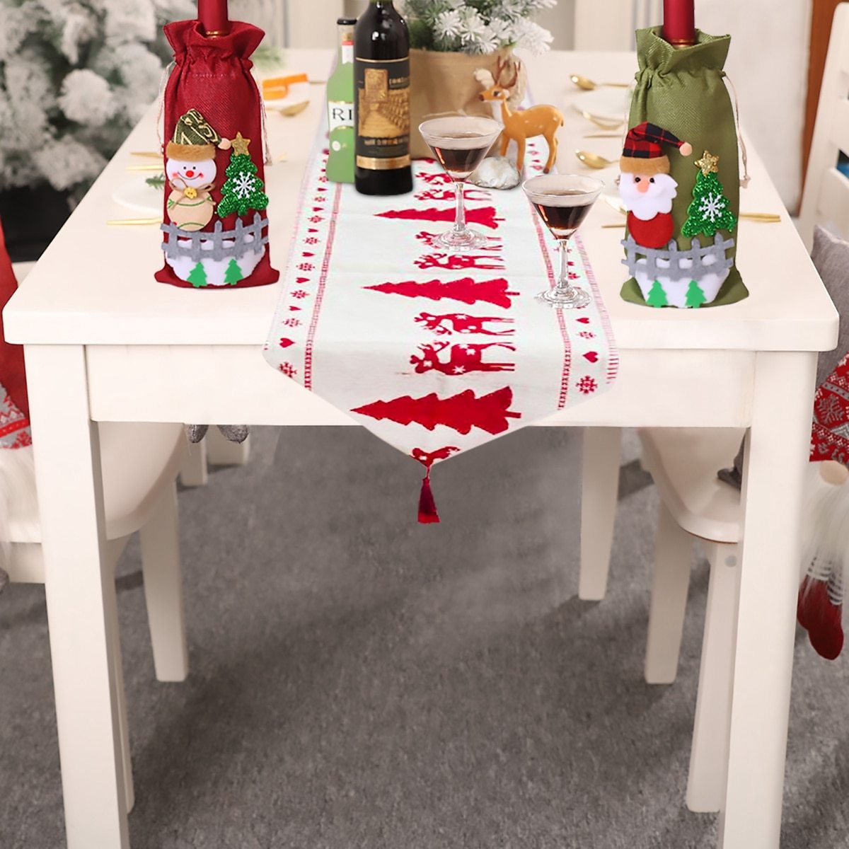 Camino de mesa navideño de lino y algodón de 35×180 cm con estampado de reno y muñeco de nieve para decoración de comedor