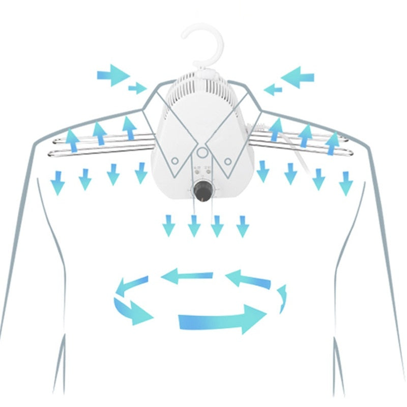 Secador eléctrico portátil de 350W con estructura plegable, modos de aire caliente y frío, temporizador digital y capacidad de 5–10 kg para secado rápido de ropa en espacios reducidos o viajes.