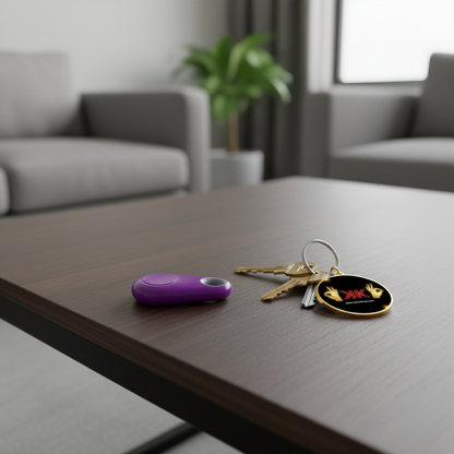 Localizador inteligente Bluetooth antipérdida en plástico ABS, compacto y ligero, color negro, visto en primer plano.