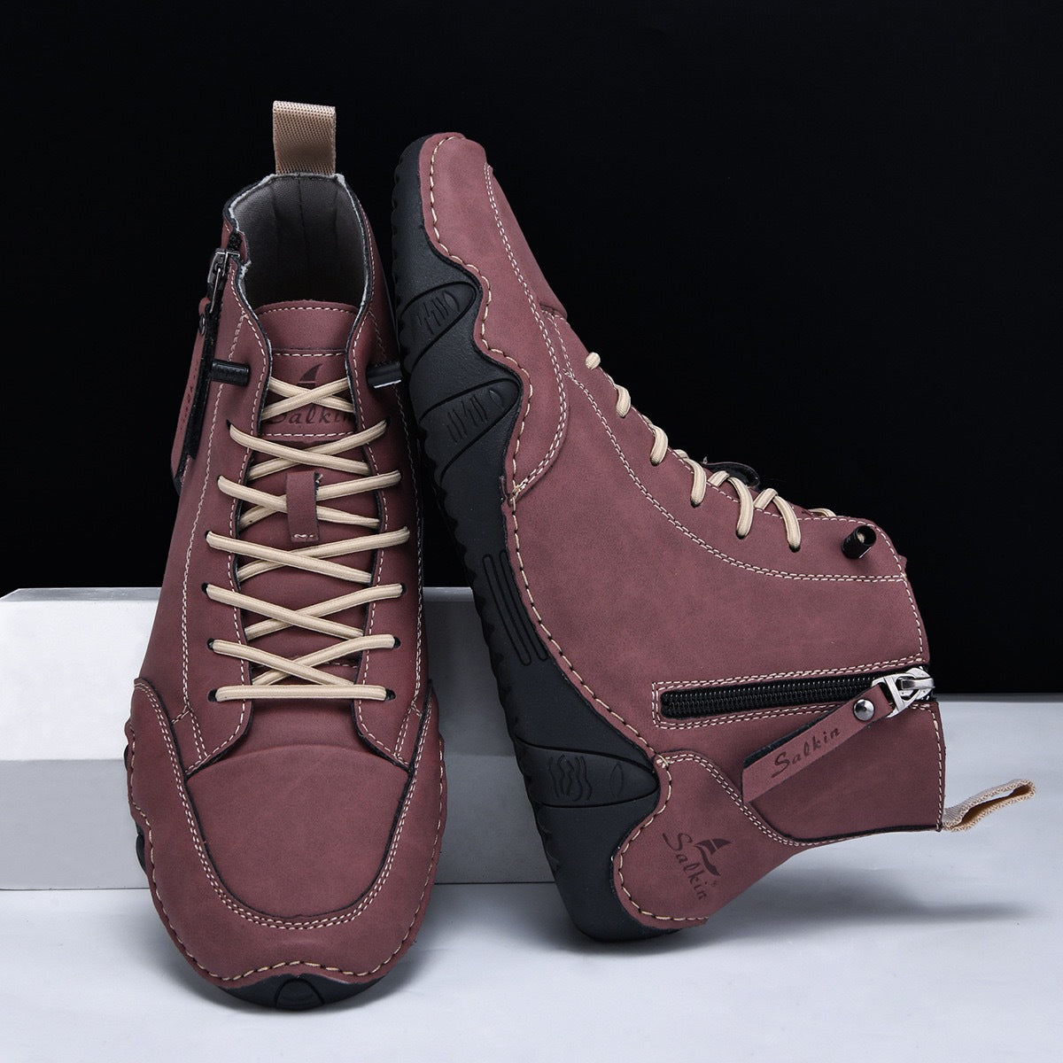 Botines altos de hombre en piel sintética — Estilo Martin artesanal con cremallera lateral