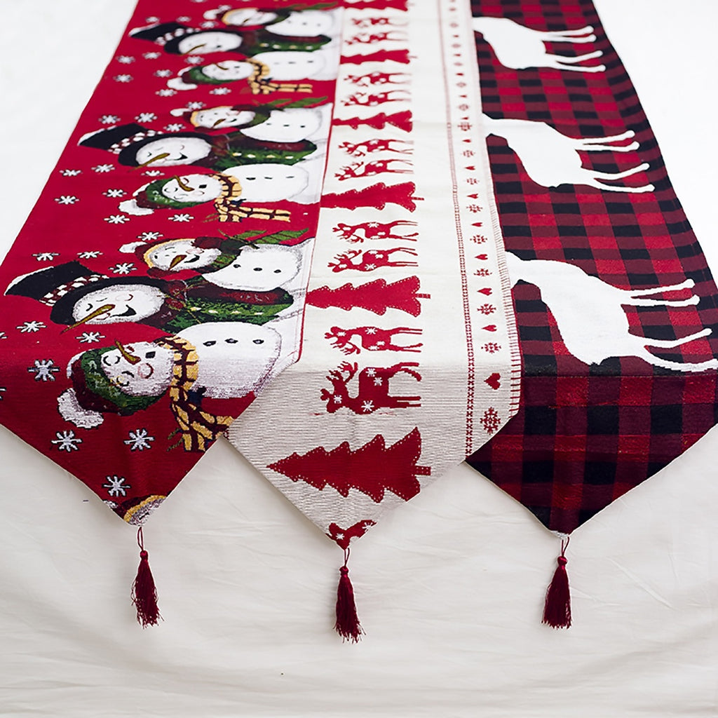 Camino de mesa navideño de lino y algodón de 35×180 cm con estampado de reno y muñeco de nieve para decoración de comedor