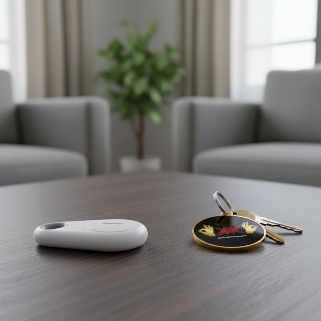 Localizador inteligente Bluetooth antipérdida en plástico ABS, compacto y ligero, color negro, visto en primer plano.