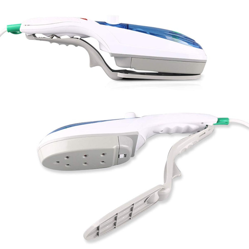 Plancha de vapor portátil con cepillo integrado para eliminar arrugas de forma rápida en viajes o uso doméstico.