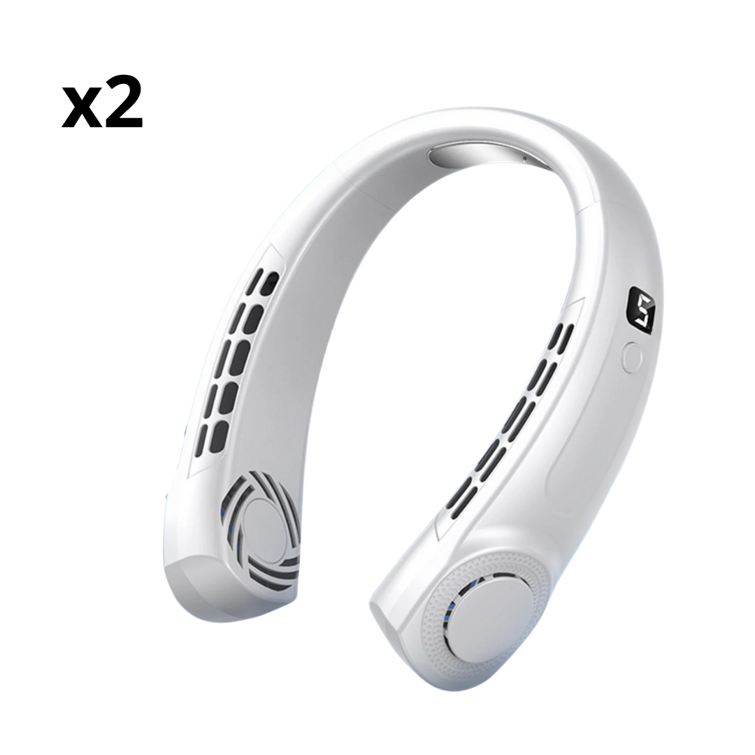 Ventilador portátil de cuello con cinco velocidades, carga USB o Tipo-C y luces LED multicolor para uso interior y exterior