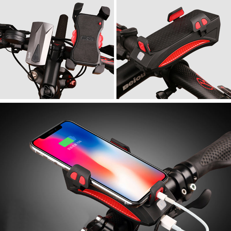Soporte de teléfono para bicicleta con luz LED, timbre y cargador USB – Power Bank multifunción 2026