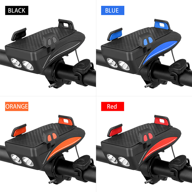 Soporte de teléfono para bicicleta con luz LED, timbre y cargador USB – Power Bank multifunción 2026