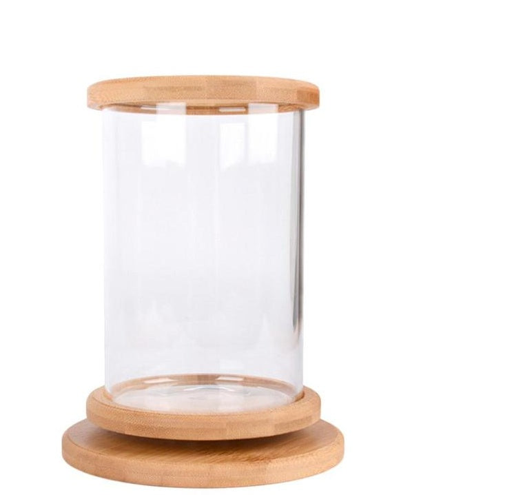 Mini pecera de cristal con base de bambú – Decoración elegante para oficina y hogar