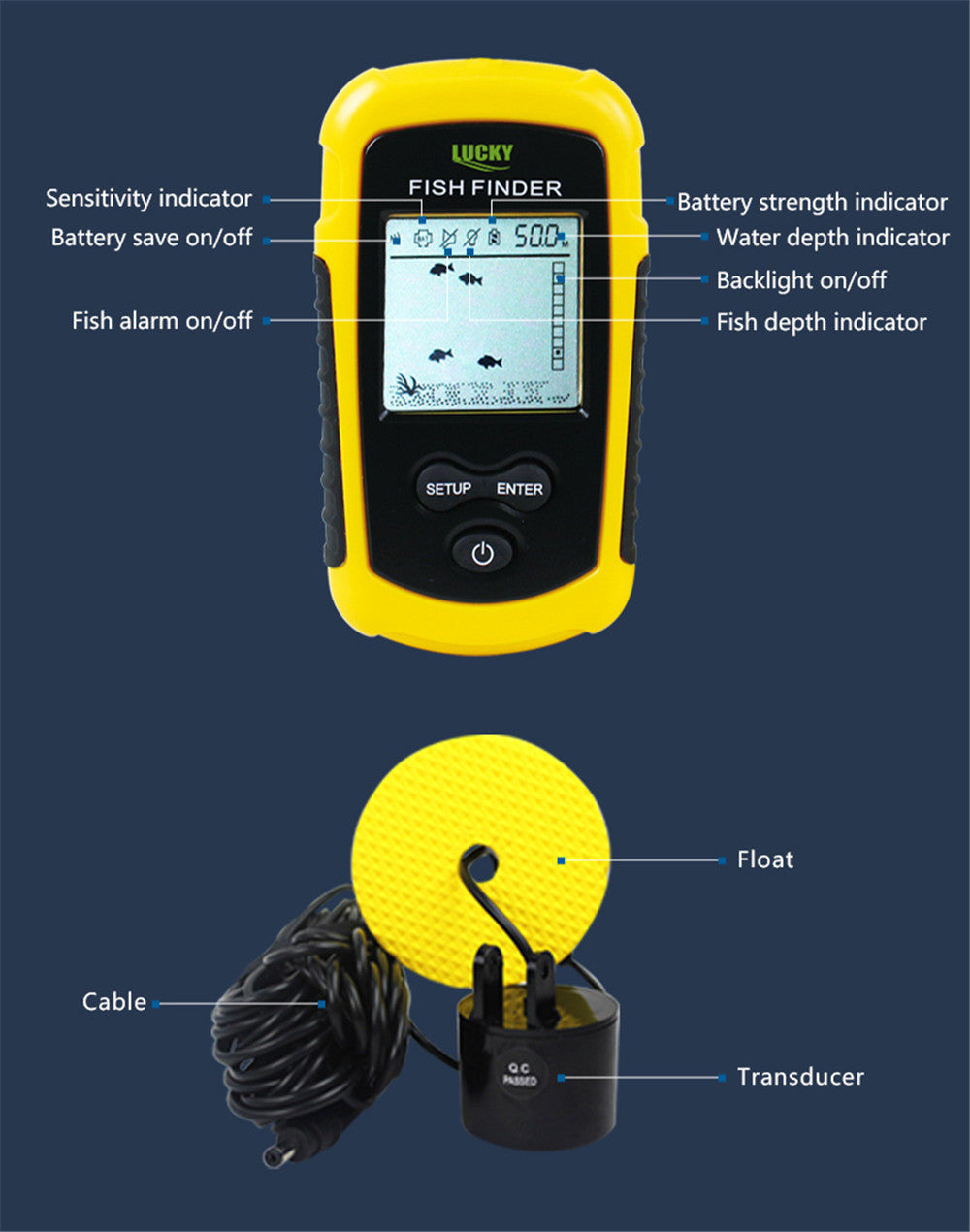 Detector de peces profesional Lucky FF1108-1 – sonar portátil con pantalla LED y alarma