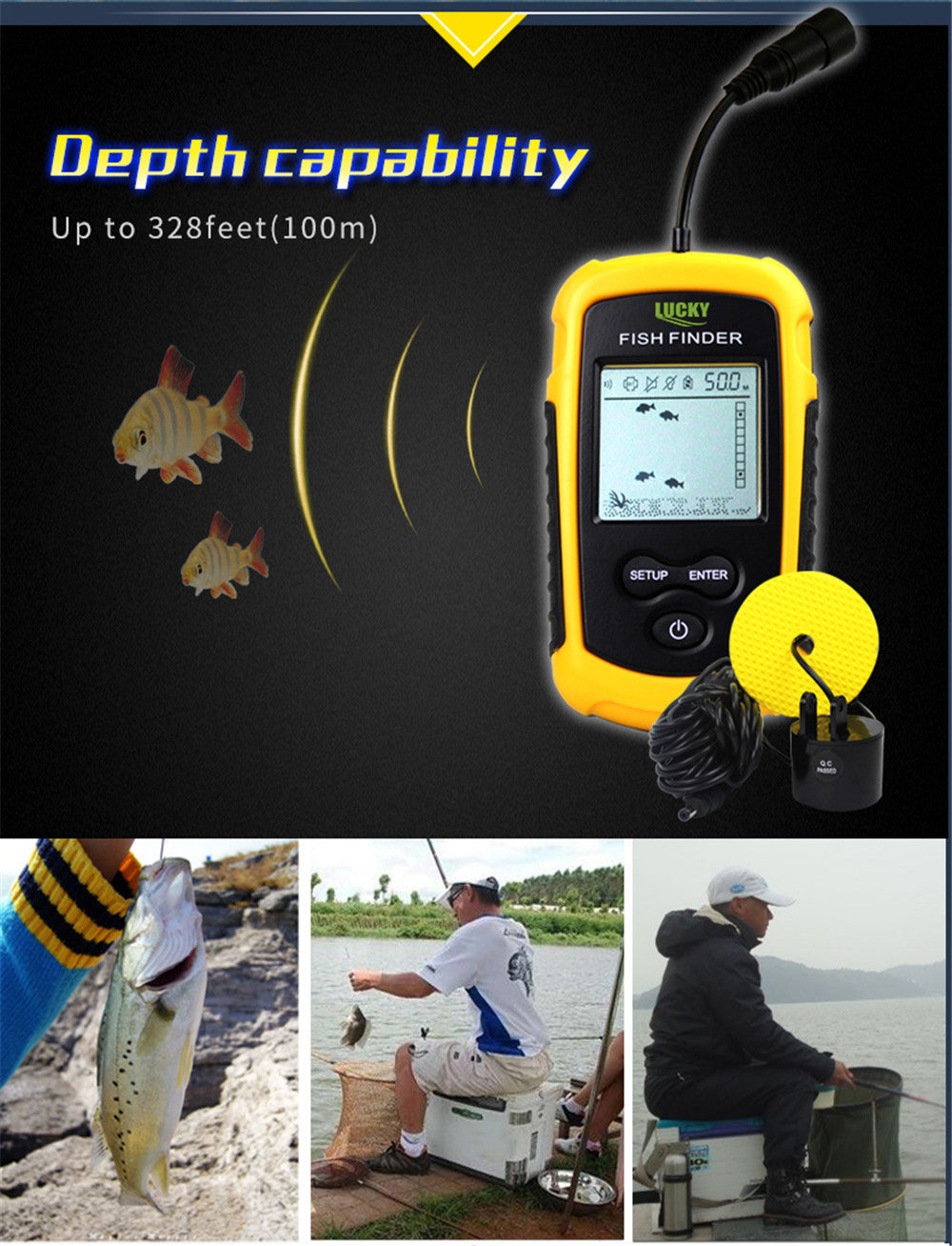 Detector de peces profesional Lucky FF1108-1 – sonar portátil con pantalla LED y alarma