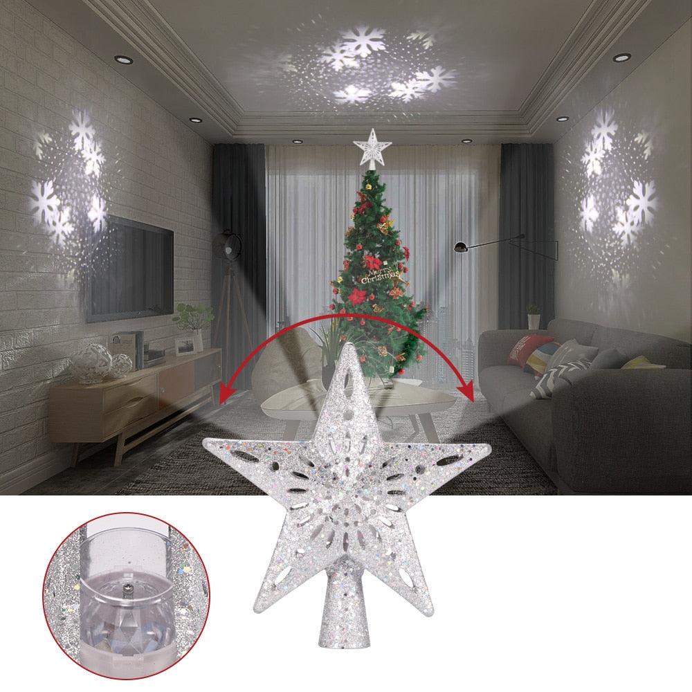 proyector LED en forma de estrella plateada para la punta del árbol con efecto nevada o muñeco de nieve