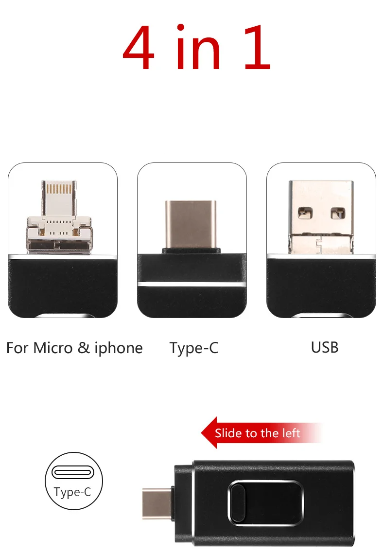Memoria USB multifunción 4 en 1 con conectores Lightning, Micro USB, Type-C y USB para transferencia y almacenamiento de datos en múltiples dispositivos.
