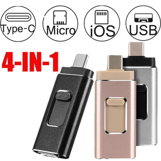 💾📲 4 en 1 USB Stick – Compatible con iPhone, Android, Type-C y USB – Tendencia 2026 ⚡✨