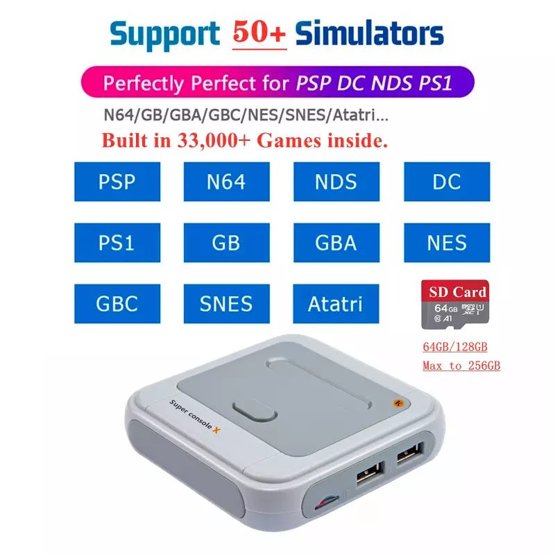 Consola arcade inalámbrica retro con emulador multiconsola, más de 50.000 juegos preinstalados, salida HDMI 4K Full HD, conectividad WiFi/red y dos mandos inalámbricos 2.4G.