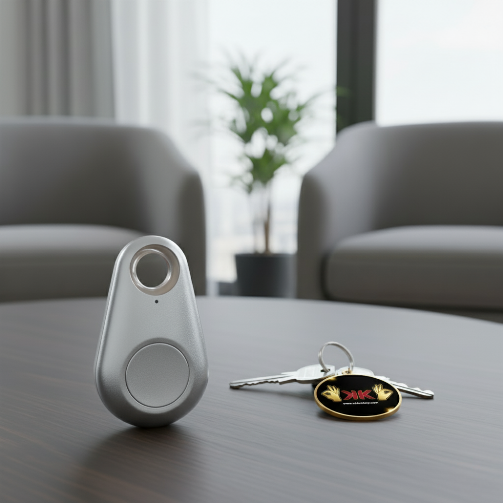 Localizador inteligente Bluetooth antipérdida en plástico ABS, compacto y ligero, color negro, visto en primer plano.