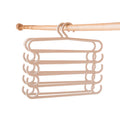 Perchero organizador de acero inoxidable con cinco barras antideslizantes para colgar ropa y ahorrar espacio.