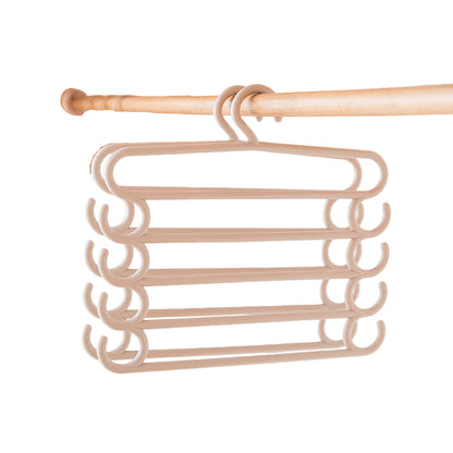 Perchero organizador de acero inoxidable con cinco barras antideslizantes para colgar ropa y ahorrar espacio.