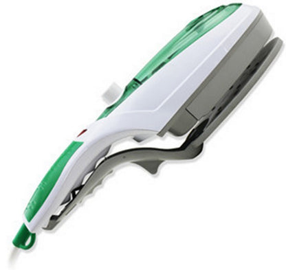 Plancha de vapor portátil con cepillo integrado para eliminar arrugas de forma rápida en viajes o uso doméstico.