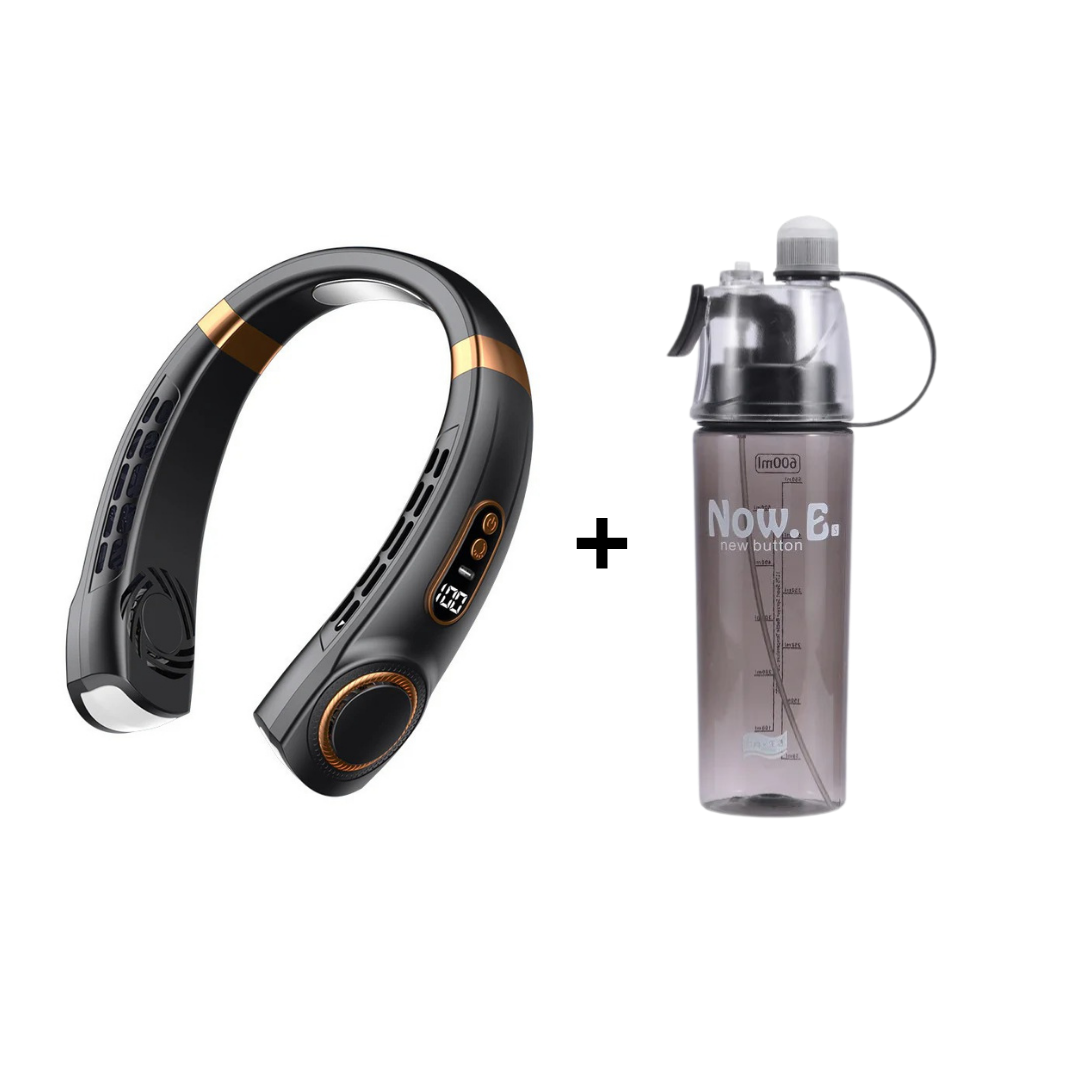 Ventilador portátil de cuello con cinco velocidades, carga USB o Tipo-C y luces LED multicolor para uso interior y exterior