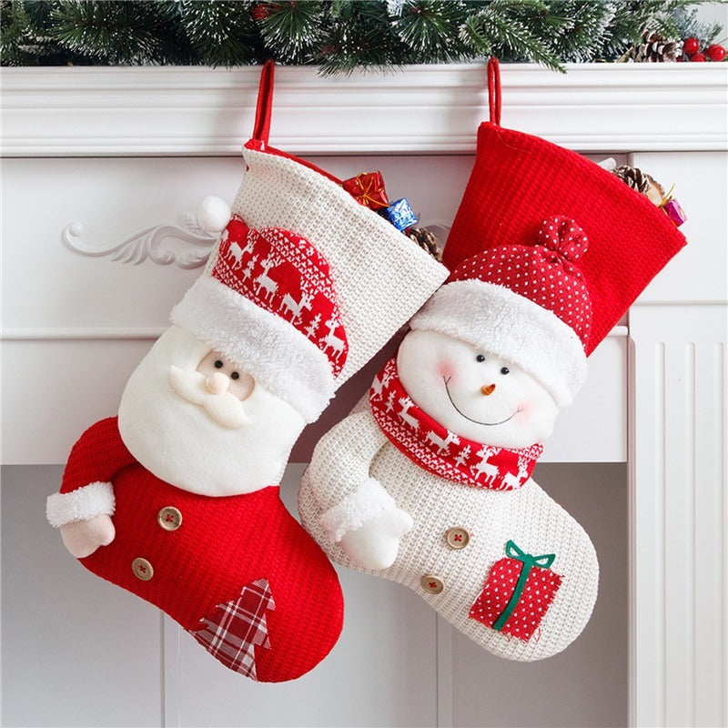 calcetín navideño grande de tela tejida y no tejida en rojo y blanco para decoración de chimeneas o árboles