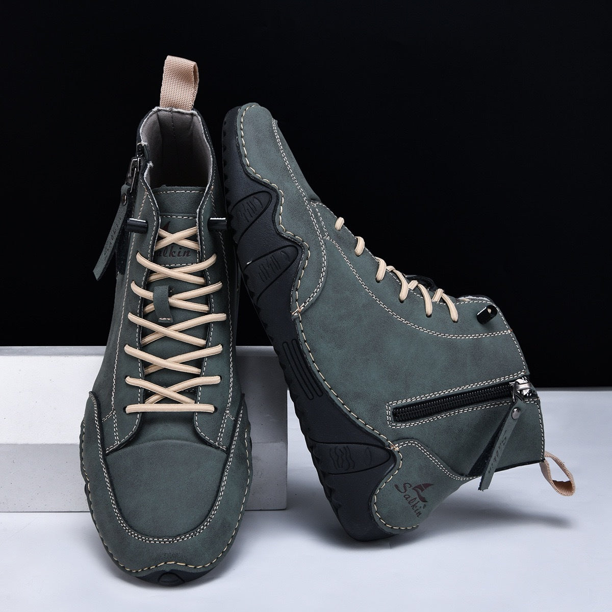 Botines altos de hombre en piel sintética — Estilo Martin artesanal con cremallera lateral