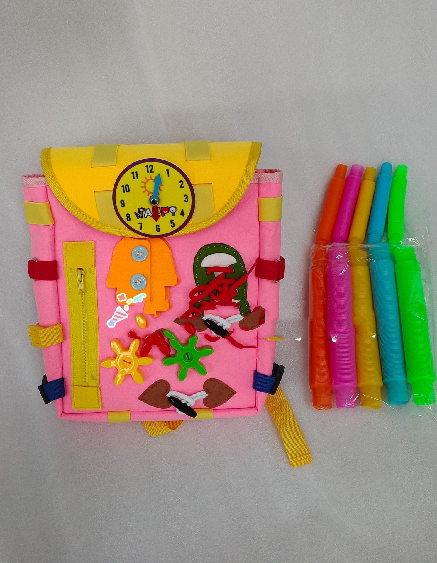 Mochila Busy Board Montessori para Niños – Juguete Educativo con Hebillas y Cremalleras