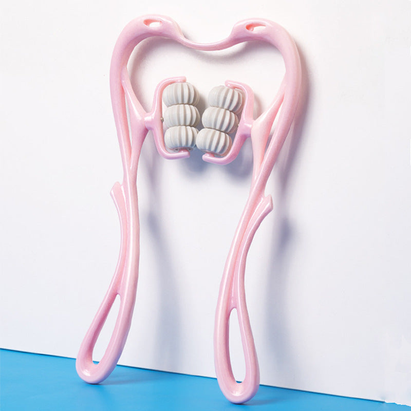 Masajeador cervical manual de 6 ruedas — Rodillo ergonómico con gua sha de jade natural