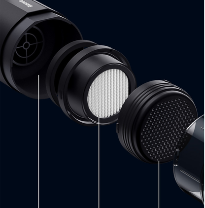 Aspiradora portátil inalámbrica Baseus de 5000 Pa con batería de 6000 mAh, filtro HEPA lavable y función 2 en 1 de aspiración y soplado, diseño compacto para coche, hogar u oficina.