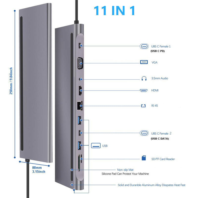 Hub Docking Station USB-C 11 en 1 – Expansión Multifuncional para Portátiles y MacBook