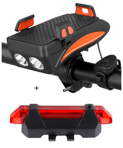 Soporte de teléfono para bicicleta con luz LED, timbre y cargador USB – Power Bank multifunción 2026