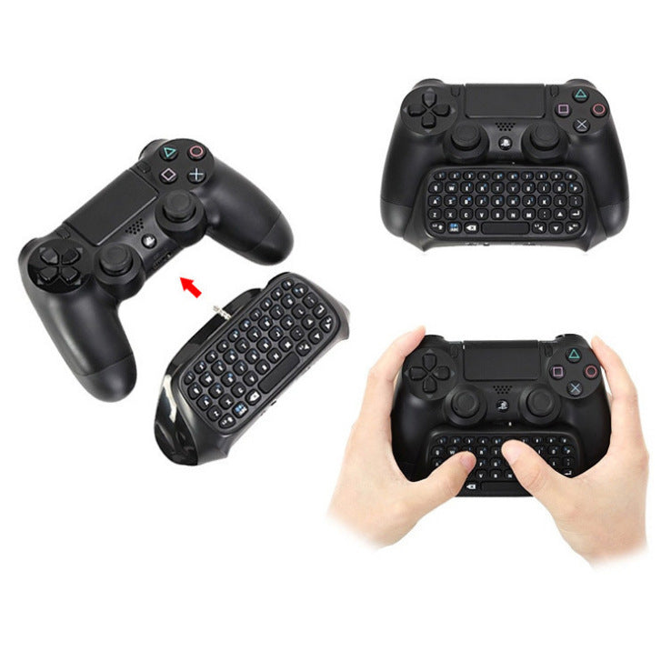 Teclado Bluetooth integrado para mando PS4, diseño compacto en ABS con teclas dedicadas, batería de litio 200 mAh y conexión inalámbrica estable para mensajería y navegación.