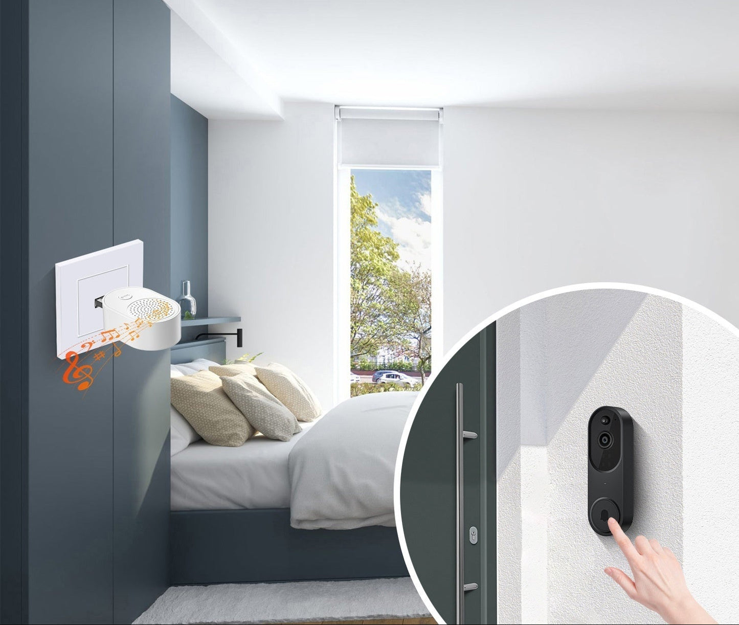 Timbre inteligente inalámbrico IP65 con cámara HD, visión nocturna, detección AI humanoide, comunicación bidireccional y almacenamiento en la nube para vigilancia exterior.