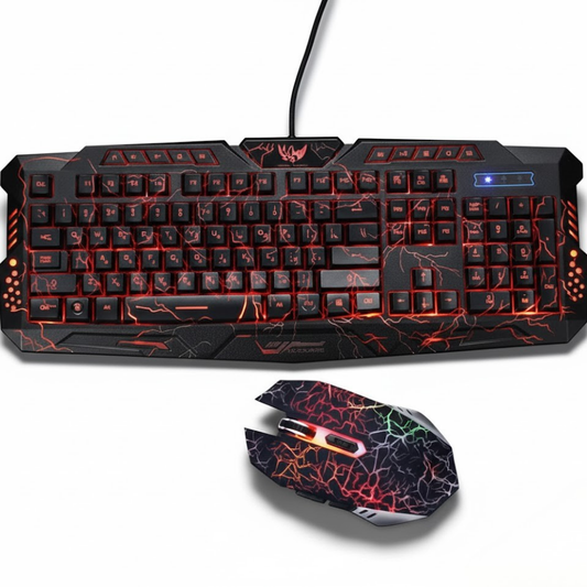 Teclado gaming J10 con retroiluminación tricolor, 108 teclas y conexión USB con ratón incluido.