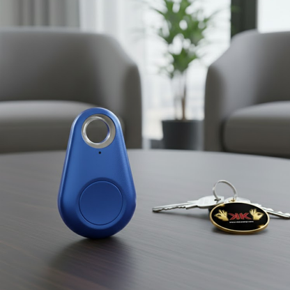 Localizador inteligente Bluetooth antipérdida en plástico ABS, compacto y ligero, color negro, visto en primer plano.