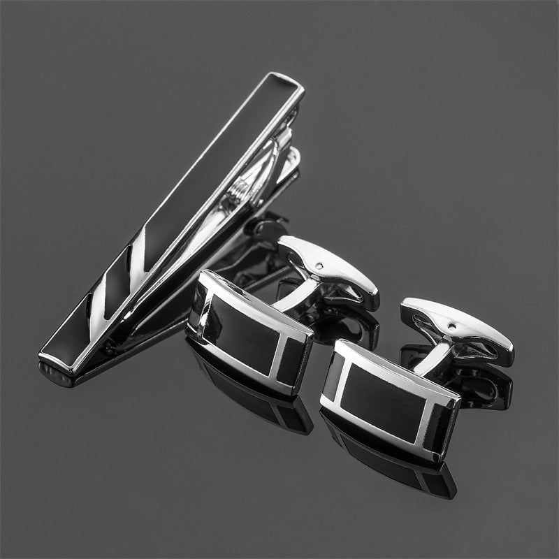 Set de gemelos y clip de corbata – Plata con rayas negras elegantes