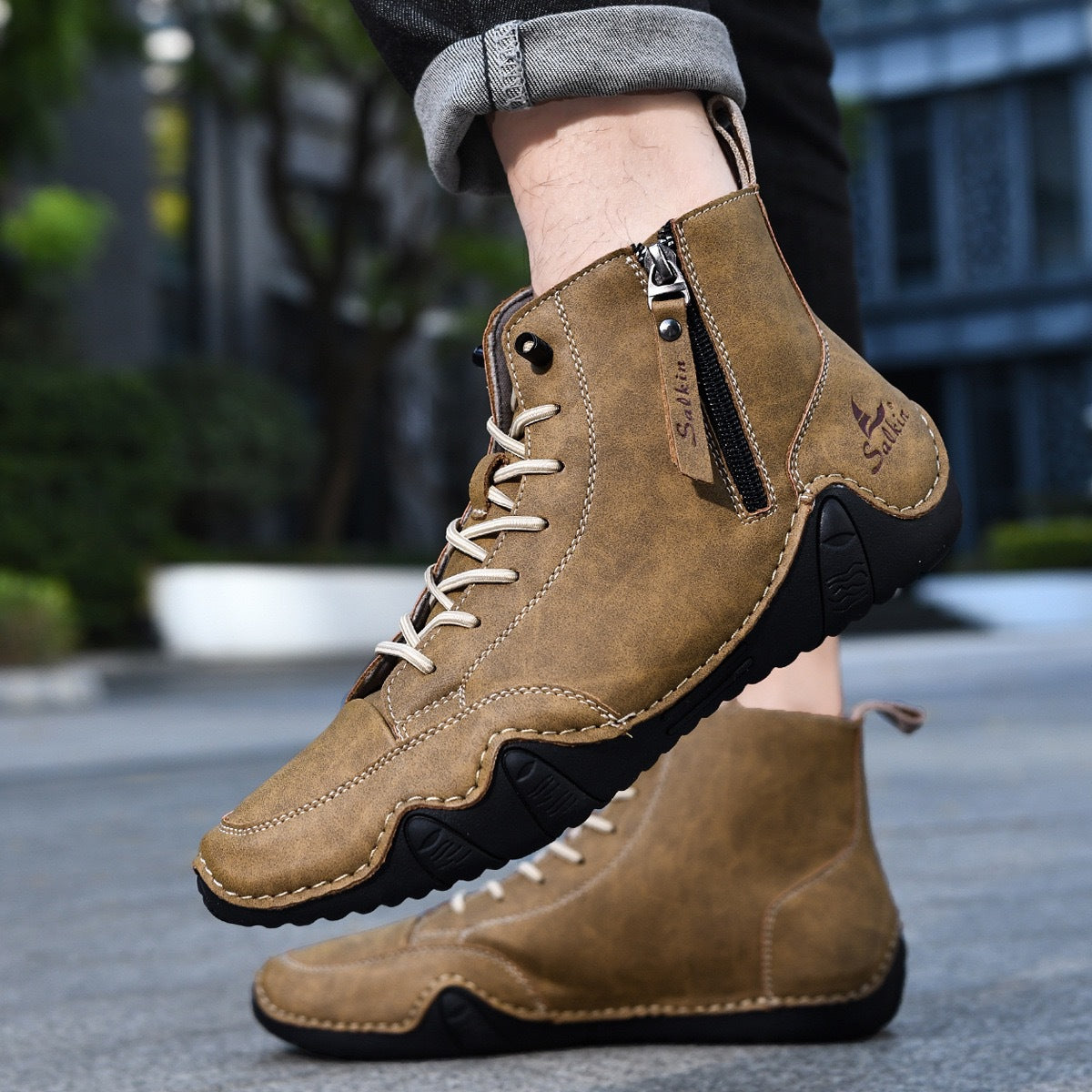 Botines altos de hombre en piel sintética — Estilo Martin artesanal con cremallera lateral