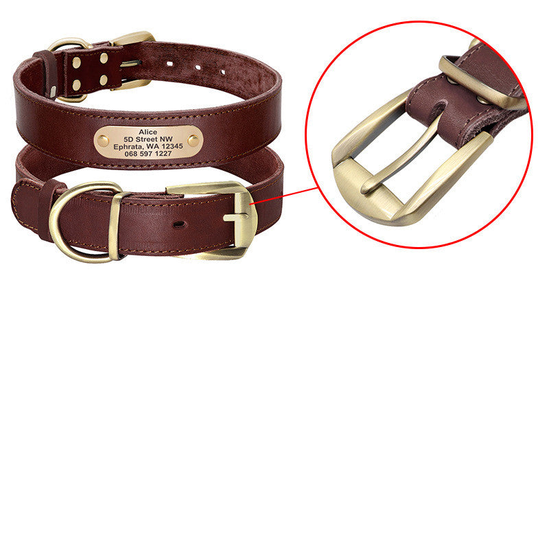 Collar de Cuero  con Placa de Identificación para mascota Dorada Personalizable