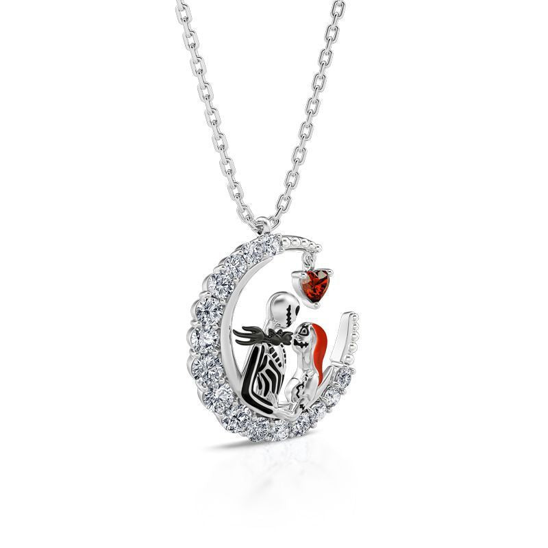 Collar Luna y Calavera con Brillantes – Aleación Galvanizada Unisex Estilo Gótico