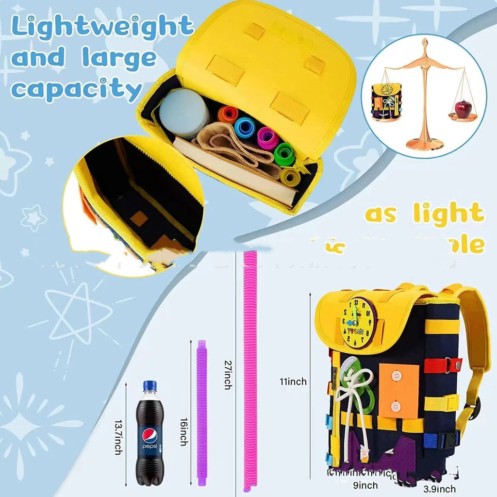 Mochila Busy Board Montessori para Niños – Juguete Educativo con Hebillas y Cremalleras