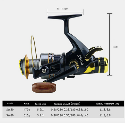 Carrete de pesca metálico SW50 / SW60 con sistema de freno delantero y trasero