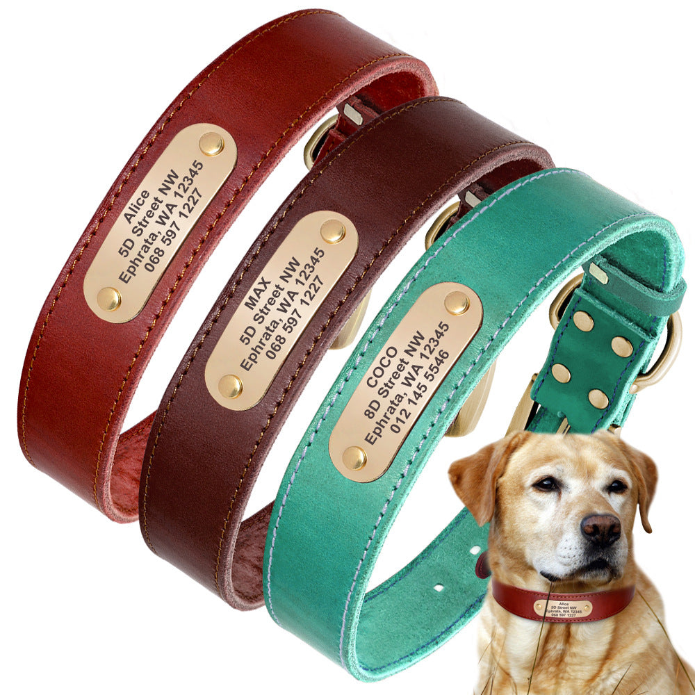 Collar de Cuero  con Placa de Identificación para mascota Dorada Personalizable