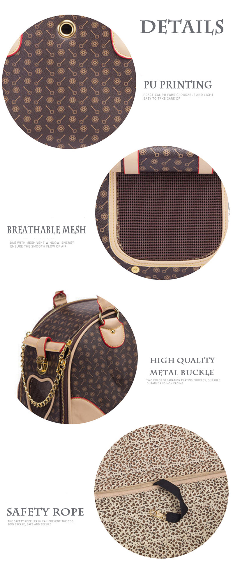 Bolso de viaje para mascotas – Material PU sintético, ligero y elegante para perros y gatos pequeños