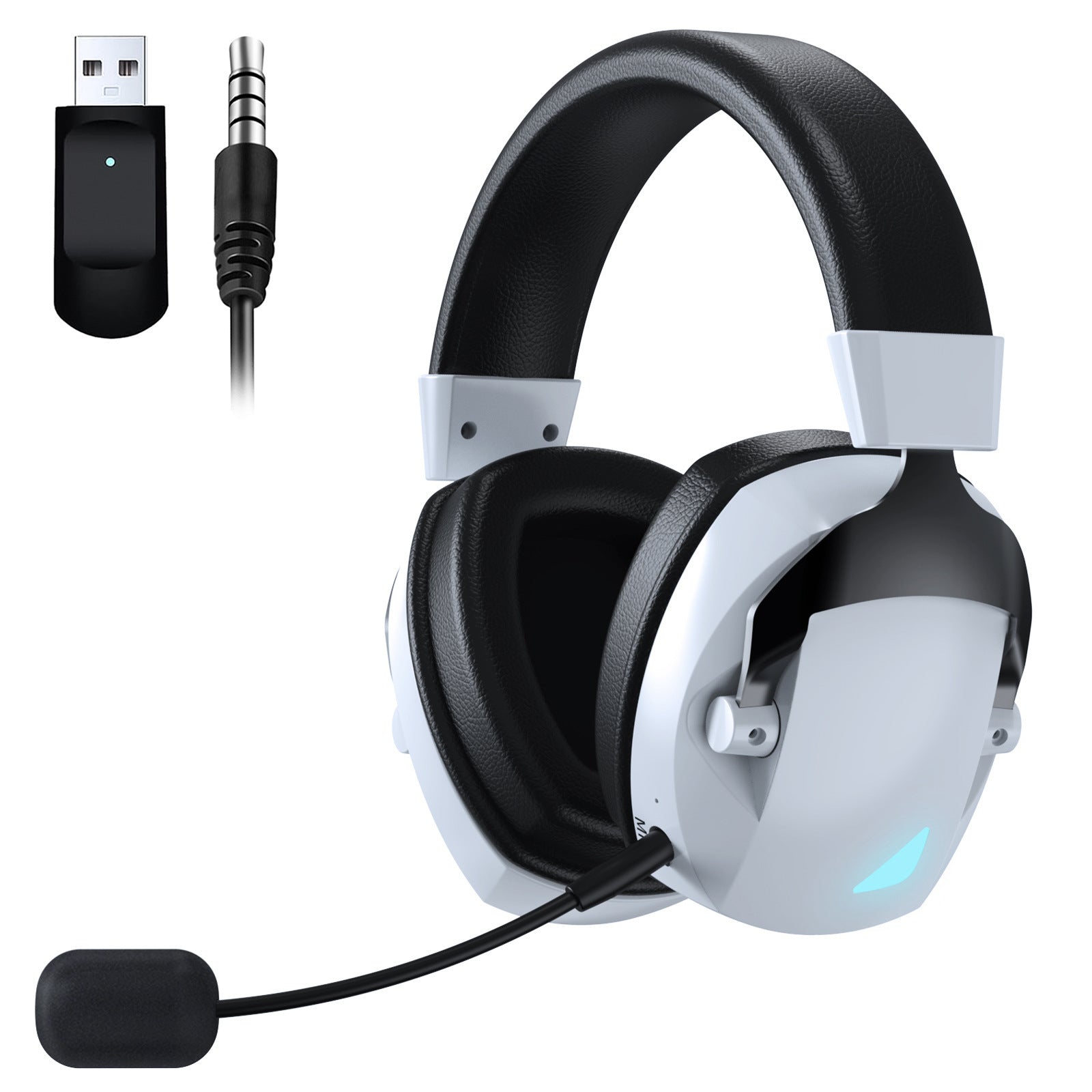 Auriculares gaming inalámbricos 2.4G y Bluetooth con micrófono desmontable, sonido Hi-Fi y luces LED para PC y consolas.
