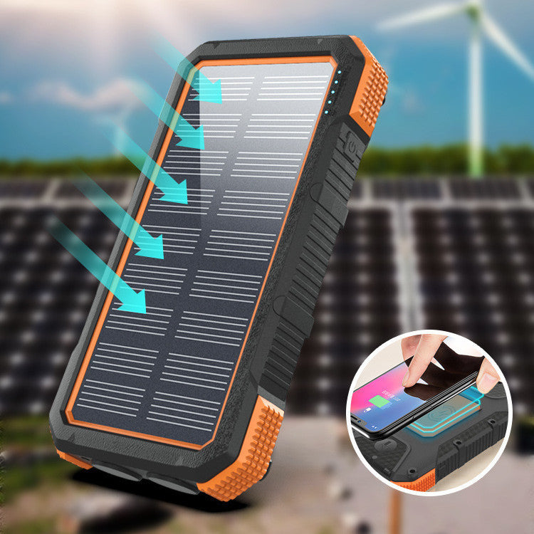 Power bank portátil con brújula integrada y carga rápida para dispositivos móviles, diseño compacto y resistente para actividades al aire libre.